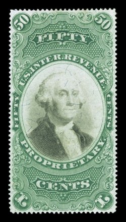 RB8a, 50c Green and black on violet paper, seldom seen mint example, remarkably well centered, rich colors, full original gum, a few tiny thin specks, extremely fine
appearance.