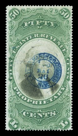 RB8a, 50c Green and black on violet paper, strong colors, centrally struck blue handstamped c.d.s., small thin spot, fine appearance this value is seldom encountered cancelled
solely by a c.d.s. handstamp.