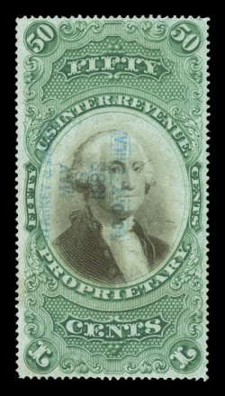 RB8b, 50c Green and black on green paper, nicely centered and margined, rich color, light five line blue handstamped cancel, small thin in the left margin, otherwise very
fine.