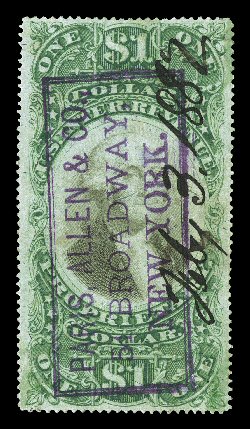 RB9a, $1.00 Green and black on violet paper, a visually striking used example, nicely centered, strong color, 1882 ms. cancels as well as a purple boxed handstamp cancel of
Paris, Allen & Co., New York, light crease and a closed tear at bott