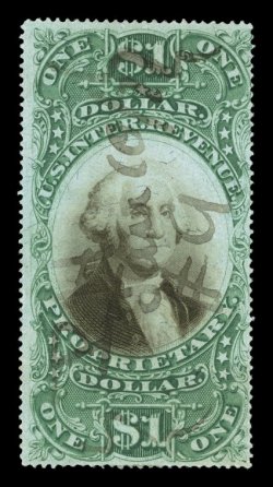 RB9b, $1.00 Green and black on green paper, deep rich color and a strong detailed impression, ms. cancel, thins, fine appearance 1977 PF certificate.
