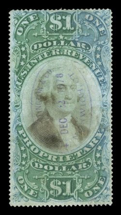RB9b, $1.00 Green and black on green paper, used example with purple oval handstamped cancel, small thin, minor closed tear at bottom, some cleaning, fine appearance 1977 PF
certificate mentioning only the closed tear.