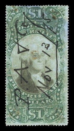 RB9b, $1.00 Green and black on green paper, strong colors, ms. cancel, repaired and with light staining, a presentable example of this rare stamp 1977 PF
certificate.