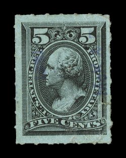 RB16c, 5c Black, roulette 6, unusually well centered, rich color, light violet cancel, small faults, very fine appearance.
