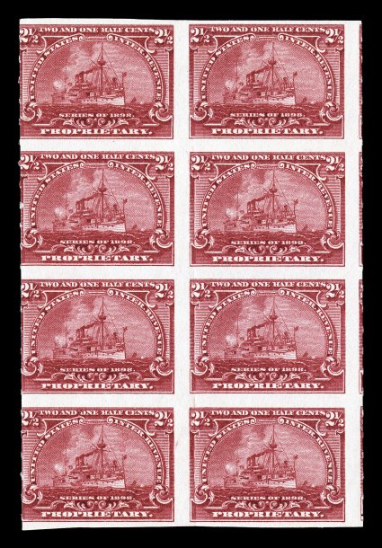 RB28a, 2 12c Lake, rouletted, vertical pair, imperforate horizontally, block of eight (2x4) containing four error pairs, deep luxuriant color, o.g., never hinged, fine probably
the largest known multiple of this error, as even the normal stamp