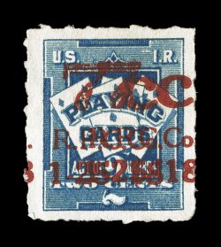 RF10b, 7c Surcharge on 2c Blue, double surcharge, two strikes of a bold 7c R.P.C. Co. 1-25-18 surcharge, extraordinarily well centered, deep color, still retaining large part
o.g., small crease as usual, otherwise extremely fine.