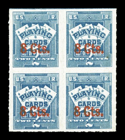 RF16, 8c Surcharge on 2c Blue, mint block of four, with bright vermilion surcharge, well centered, bright fresh color, o.g., lightly hinged, very fine.