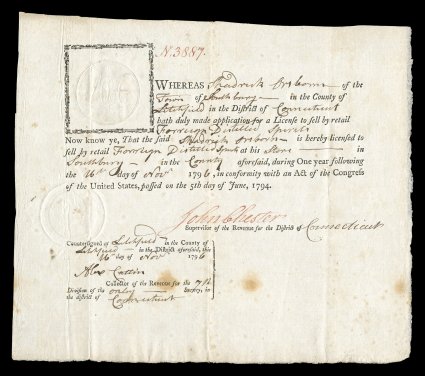 RM400, $5.00 Federal Liquor License embossed, clearly struck on 1796 liquor license from Connecticut, with that states supervisors seal (RM509) struck below, light file fold
affects both stamps, a few age spots, fine.
