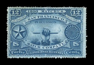 RO165, San Francisco Match Co., 12c Blue, deep rich color, typical irregular perforations, fine.