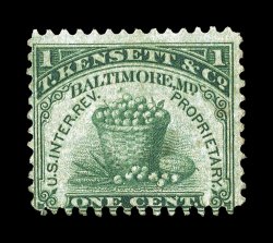 RP1, Kensett, T. & Co., 1c Green, the only private die revenue issued for canned fruit, deep color, small tear at bottom and a minor internal crease (virtually all examples
have faults to some degree), otherwise a fine example of this rare stamp