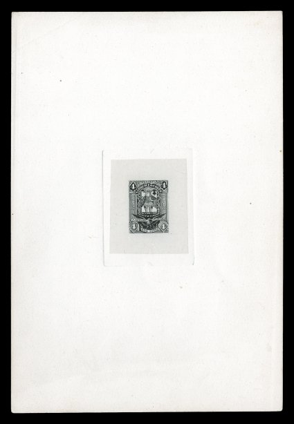 RU10E, 4c Black large die proof on India, die sunk on 149x221mm card, the 4c value was never issued as a stamp, quite fresh, card with small crease at top left, otherwise very
fine.