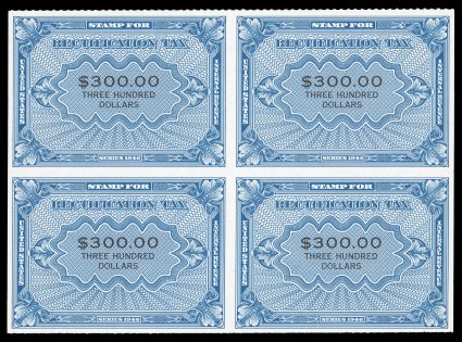 RZ14, 1c-$300.00 Blue and black, block of four of the 1c-$3.00, $10.00-$50.00 and $300.00 value in blocks of four, mint except two bottom stamps of the $3.00, $10.00 and $25.00
have faint red handstamp (cataloged as used), fresh and very fine.