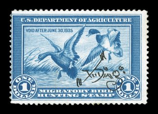 RW1, 1934 $1.00 Blue, unused stamp with rich color, signed by the artist J.N. Darling, using his nickname Ding, stamp with small faults, a very fine signature.