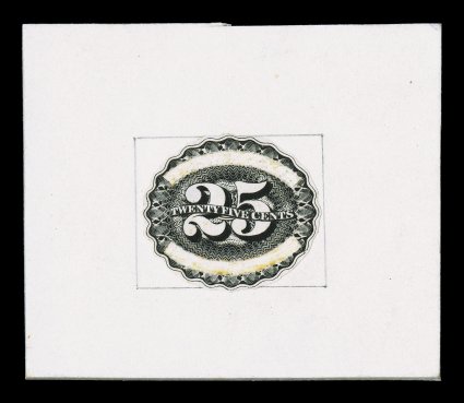 25c Tax Paid essay in black, die cut similar to designs incorporated into tax paid revenues as quantity or weight labels, mounted on 57x49mm thick cardboard, with pencil drawn
frame lines, slight age spots in the bottom cut out label, very fine.