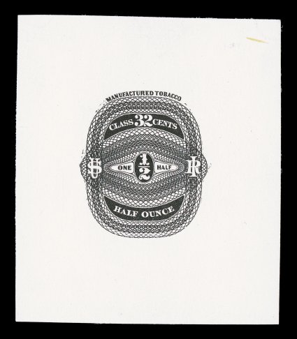 Turner Essay T-2, 12 oz. Manufactured Tobacco die essay in black, 56x65mm, quite fresh, trivial mounting thin and small inclusion at top right, very fine.