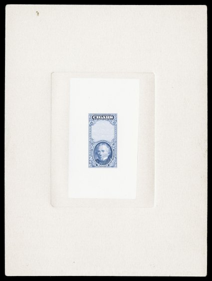Cigar essay in blue on India, showing a portrait of Henry Clay, 51x90mm die sunk on 150x201mm card, with control number 753262A on reverse, exceedingly fresh, very fine
unlisted in Turner.