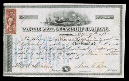 Pacific Mail Steamship Company stock certificate, with a lovely engraved vignette, signed by Allan McLane as president, 25c Power of Attorney (R48c) on front and 25c
Certificate (R44c) on back, stamp on front tied by light c.d.s, stamp on back