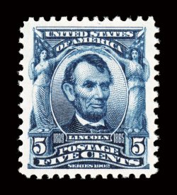 304, 5c Blue, mathematically precise centering, with uncharacteristically wide margins all around, spectacular color and impression that could not be more intense nor more
detailed on the brightest paper possible, immaculate o.g. without a singl