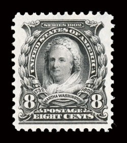 306, 8c Violet black, flawlessly centered within extravagantly large margins, spectacular color and impression that are incredibly deep and prooflike on immaculate paper,
pristine o.g., n.h., superb.A breathtakingly beautiful mint single in th