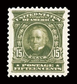 309, 15c Olive green, incredibly well centered within lavishly large margins all around, strikingly intense color and impression on brilliantly fresh paper, immaculate o.g.,
n.h., an extremely fine gem in every regard.A magnificent quality nev