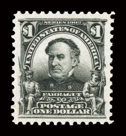 311, $1.00 Black, prooflike color and impression on bright paper, exceptionally well centered within large margins, pristine o.g., n.h., extremely fine.Gem never hinged
examples of the One Dollar 1902 Issue are few and far between. This copy i