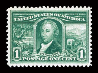 323, 1c Louisiana Purchase, an amazing quality mint example, boasting mathematically precise centering amid lavishly large margins, both being attributes that are almost
impossible to find on this value, especially combined on the same stamp, go