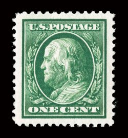331, 1c Green, a phenomenal mint example, possessing absolutely gigantic margins all around and being perfectly centered within these extraordinary borders, sumptuously rich
color and a crisp impression on brilliantly fresh paper, o.g., n.h., su
