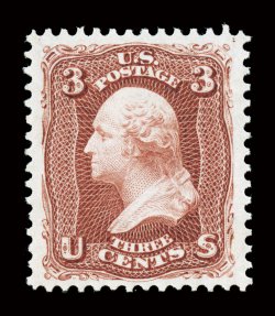104, 3c Brown red re-issue, exceptionally well centered amid lavishly large margins, whose proportions are quite unlike any other example we have seen of this rare stamp, its
color is especially deep and luxuriant, while its impression could not