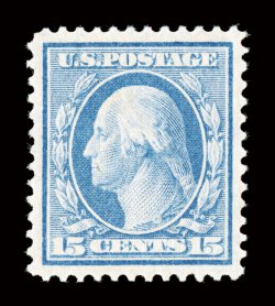 340, 15c Pale ultramarine, precisely centered within margins that are considerably larger than typically encountered on this difficult value, bright color and a well defined
impression on immaculate paper, pristine o.g., n.h., truly superb.An