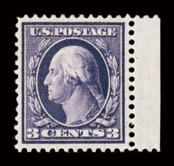 359, 3c Deep violet on bluish paper, gem right sheet-margin example, marvelously well centered within uncharacteristically large margins, deeply rich shade and an
extraordinarily well incised impression on fresh paper, especially clean o.g. with