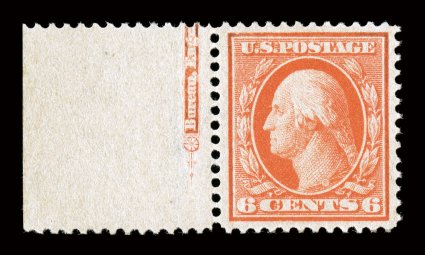362, 6c Red orange on bluish paper, pristine left sheet-margin partial imprint single, brilliant intense color on deeply blued paper, extraordinarily well centered within
uncharacteristically large margins, o.g., stamp n.h. (lightly hinged in sh