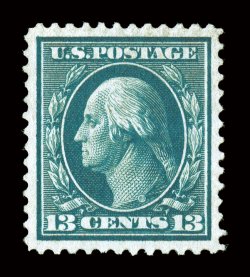 365, 13c Blue green on bluish paper, flawlessly centered amid lavishly large margins which are almost unheard of on this scarce and challenging stamp, sumptuously rich color
and a razor-sharp impression on brilliantly fresh paper, especially cle
