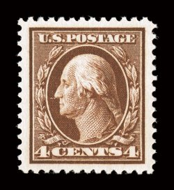 377, 4c Brown, flawlessly centered amid spectacularly large and perfectly balanced margins all around, sumptuously rich color and a detailed impression on brilliantly white
paper, uniformly even and intact perforations, unblemished o.g., n.h., s