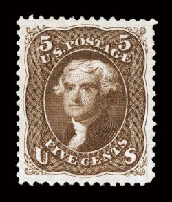 105, 5c Brown re-issue, absolutely perfect centering amid enormous jumbo margins, rich luxuriant color and a deeply etched impression on bright paper, full o.g., lightly hinged,
superb.This incomparable gem possesses fabulous overall eye-appea