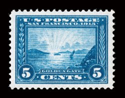399, 5c Panama-Pacific, an immense jumbo-margined mint example, boasting huge perfectly balanced margins all around, deep luxuriant color and a well incised impression on
immaculate paper, pristine o.g., n.h., superb.A most extraordinary quali