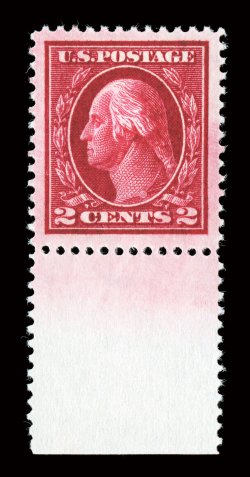 406, 2c Carmine, Ty. I, a bottom sheet-margin single which possesses fantastic visual appeal, being flawlessly centered amid unbelievably large margins, but equally impressive
is its indescribably radiant color and lovely overall pinkish plate w