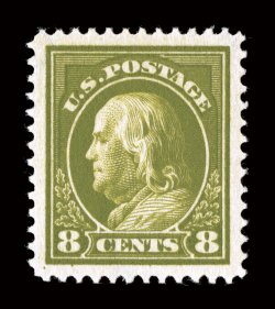 414, 8c Pale olive green, incredibly huge and absolutely symmetrical margins all around, deep luxuriant color and a well incised impression on wonderfully fresh paper,
immaculate o.g., n.h., a superb gem.This fabulous stamp is in the finest qu