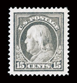418, 15c Gray, fabulously well centered within truly gargantuan jumbo margins unlike any other example we have seen, deep rich color and a strong impression on immaculate
paper, unblemished o.g. without a single gum bend or skip, n.h., superb.