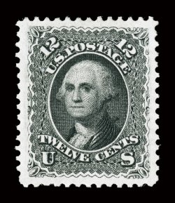 107, 12c Black re-issue, a superlative mint example of this rare re-issue, possessing absolutely perfect centering amid the most lavish margins imaginable, intense jet black
color and an impression that is fabulously detailed on bright fresh p