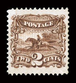113, 2c Brown, a breathtaking jumbo-margined mint example, boasting margins of massive size and being incredibly well centered within them, deep luxuriant color, full clean
o.g., lightly hinged, extremely fine gem a stamp that possesses extraor