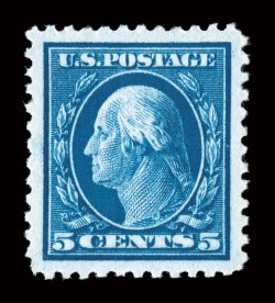 504, 5c Blue, a stunning mint single that possesses margins of mammoth size and is incredibly well centered within these colossal borders, plus its color is a spectacular deep
luxuriant shade and its impression remarkably vivid, o.g., n.h., supe