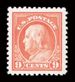 509, 9c Salmon red, a stunning mint example sporting absolutely immense jumbo margins and being precisely centered within them, gorgeous color and impression on brilliantly
white paper, pristine o.g., n.h., superb.An incomparable mint example