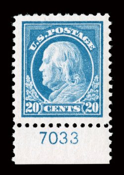 515, 20c Light ultramarine, an incomparable bottom sheet-margin plate no. 7033 single in the most amazing condition, boasting absolutely gigantic jumbo margins and being
perfectly centered within this vast expanse, rich luxuriant color and a dee