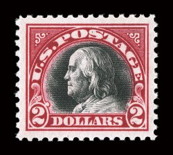 547, $2.00 Carmine and black, an incredibly choice mint single, possessing extraordinarily large and perfectly balanced margins all around, plus its colors are especially deep
and vibrant, while its impressions are uncommonly strong, immaculate