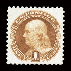 123, 1c Buff re-issue, an incredibly choice mint example of this difficult value, possessing near perfect centering within uncharacteristically large margins, equally impressive
is this stamps sumptuously rich color and impression on brilliantl