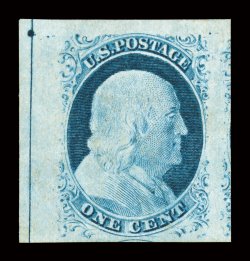 9, 1c Blue, Ty. IV, position 1R1L, recut once at both top and bottom, a magnificent quality mint example, in a condition that is almost unheard on stamps from the classic
imperforate era, being an eye-arresting top left corner sheet-margin singl