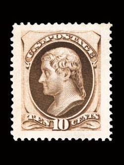 188, 10c Brown, with secret mark, a phenomenal unused example which possesses absolutely the most gigantic jumbo margins imaginable, and just as impressive is the fact that it
is perfectly centered within these incredible borders, wonderfully fr