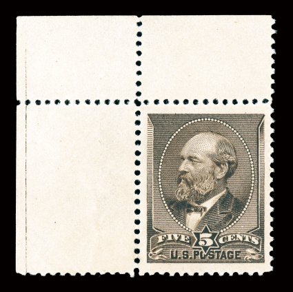 205, 5c Yellow brown, an impressive top left corner sheet-margin example, brilliantly fresh and crisp, prooflike color and impression on immaculate paper, fabulously well
centered amid lavishly large margins which are most uncharacteristic of th