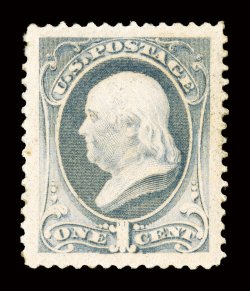 206, 1c Gray blue, a striking jumbo-margined mint example, featuring enormously large and wonderfully well balanced margins all around, warm rich color on fresh paper, o.g.,
lightly hinged, extremely fine actually a very scarce stamp to find in