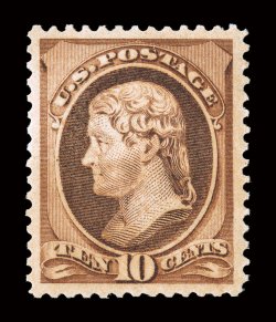209, 10c Brown, pristine post office mint single, not only possessing a marvelous overall freshness but is incredibly well centered as well, with large margins all around,
luxuriously rich color and a crisp detailed impression, unblemished o.g